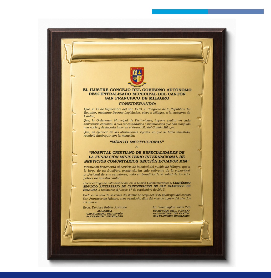 Reconocimiento de la Alcaldía de Milagro a FUNDAMISC en 2015