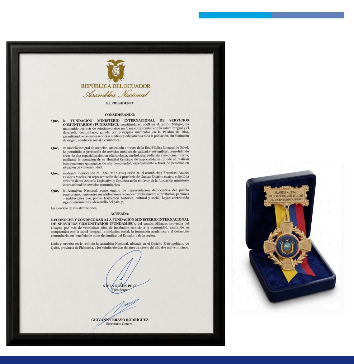 Condecoración de la Asamblea Nacional del Ecuador a FUNDAMISC