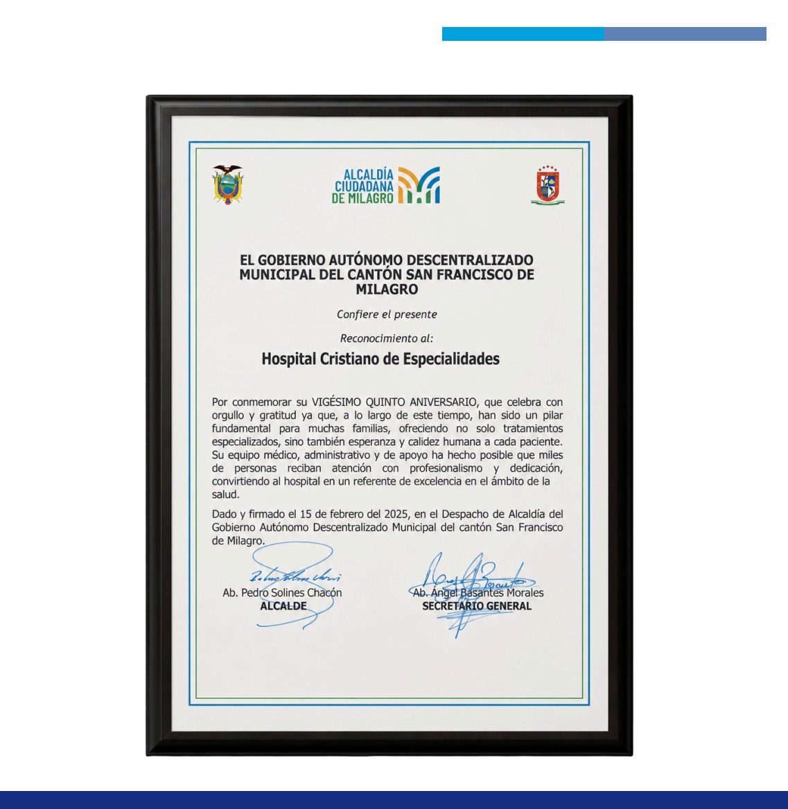Reconocimiento de la Alcaldía de Milagro por los 25 años de FUNDAMISC